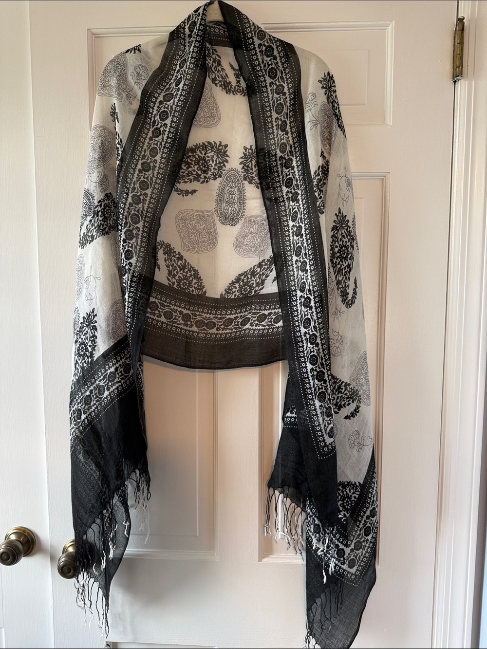 Black White Paisley Bohemian Fringe Scarf Gauzy Airy